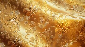 Golden Brocade Fabric with Intricate Floral Pattern photo
