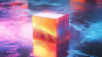 Wet Glass Cube Reflecting Neon Lights on a Wet Surface photo