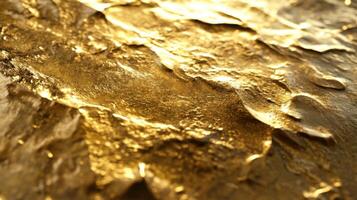 Close-up of a textured golden surface with light reflecting off its uneven surface. photo