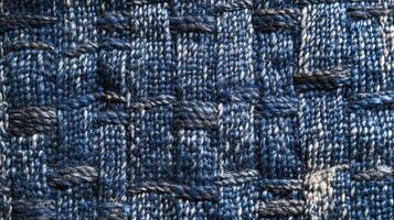 Close-up of Blue and Gray Knit Fabric with Interwoven Threads photo