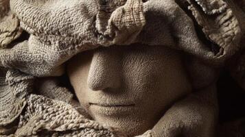 Close-up of a Face Partially Covered in Brown Fabric photo