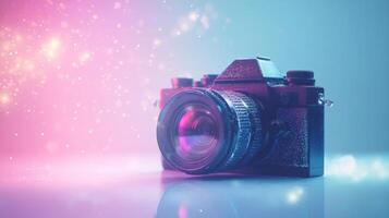 A Close-Up of a Black Camera with a Large Lens, Against a Sparkling Pink and Blue Background photo