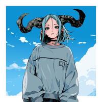 cartoon character of little girl with horns in gray sweater and background of blue sky and clouds in anime style vector