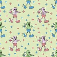 retro alien character cartoon seamless pattern vector