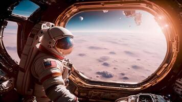 Through the spaceship window, an astronaut observes the desolate lunar landscape, sparking dreams of human colonization and new worlds. video