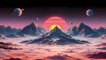 cósmico vista, explorar un surrealista paisaje dónde imponente picos reunirse un vibrante cielo adornado con planetas y un fascinante puesta de sol. video