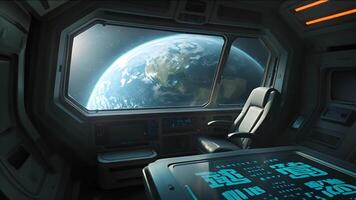 Experience the wonder of space travel with this captivating image of a spaceship interior, featuring a panoramic window view of our blue planet. video