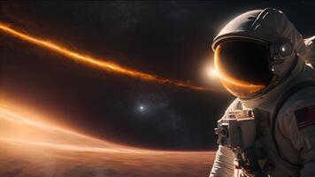 ein Astronaut Blicke über das Oberfläche von Mars, Nachdenken das Weite von Raum und das Zukunft von Menschheit im diese Neu Welt. video
