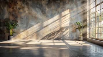 Soft light entering through large windows casting shadows a neutral concrete wall with subtle textures perfect for an organic summer aesthetic product display photo