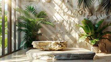 Tropical summer aesthetic a background of palm leaves and neutral beige tones sunlight filtering through creating a dynamic shadow play on a stone platform perfect for product display photo