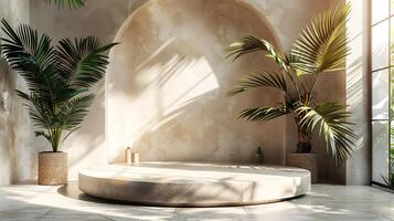 Minimalist aesthetic a soft beige wall natural shadows of palm trees cast on the surface neutraltoned platform in the center ideal for trendy product photography or modern displays photo
