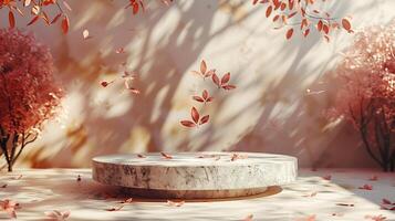 Minimal design featuring concrete pedestal on a light peach backdrop gentle shadows of leaves falling across the surface natural and organic aesthetics perfect for modern product displays photo