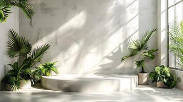 Clean white plaster walls shadows from tropical leaves on a light gray concrete floor a neutraltoned pedestal in the middle creating a calm and trendy background scene photo