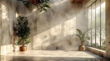 Light streaming through large windows onto neutraltoned concrete floor shadows of trees on a beige wall creating a calm and aesthetic interior scene photo