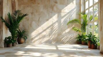 Tropical summer backdrop with sunlight filtering through windows shadows of palm trees falling across a neutraltoned floor and textured beige walls creating a trendy aesthetic photo