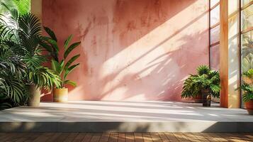Tropical design with a pastel wall background light playing through the window casting shadows of trees onto a smooth concrete surface and a neutral platform for aesthetic displays photo