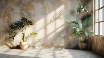 Textured beige wall with palm leaves casting dynamic shadows soft sunlight filters in from a window onto a concrete stage ideal for aesthetic product photography in a minimal setting photo