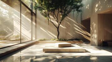 Summer space with neutral walls shadows of trees cast onto a smooth cement platform light streaming through large windows creating a trendy and peaceful aesthetic photo