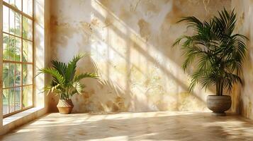 Sunlit corner with a textured beige wall neutral floor with subtle cracks and soft palm shadows falling across the dais creating a serene summer aesthetic for product showcasing photo