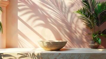 Summer space with a pasteltoned wall natural shadows of palm leaves on the surface sunlight illuminating a beige platform creating a clean aesthetic product photography scene photo