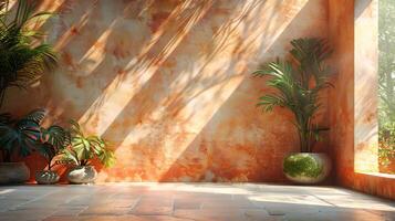 Summer studio with natural shadows of trees on a light peach wall subtle textures and a neutral platform creating a trendy and modern aesthetic photo
