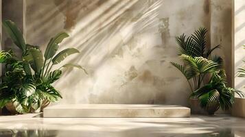 Summer setting with a smooth cement wall and neutral platform soft natural light illuminating the space with shadows of tropical plants creating a serene aesthetic photo