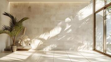 Summer space with sunlight filtering through large windows shadows of palm trees cast across a neutraltoned wall creating a modern and aesthetic product display scene photo