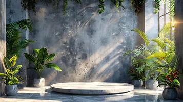 Summer setting with a textured concrete wall shadows of tropical leaves falling across the surface a neutralcolored platform in the center creating a serene aesthetic scene photo