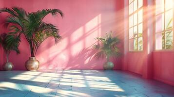 Stylish room with pasteltoned walls natural shadows from palm trees falling across the surface light streaming through a window creating a trendy and clean aesthetic backdrop photo