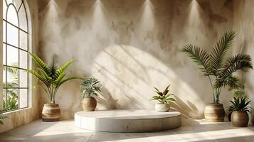 Stylish room with natural light casting palm shadows onto a textured beige wall a cement dais in the center creating a luxurious aesthetic for a modern display photo