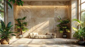 Summer backdrop with a beige wall natural shadows from tropical plants cast onto a smooth stone platform creating a perfect modern aesthetic product placement photo