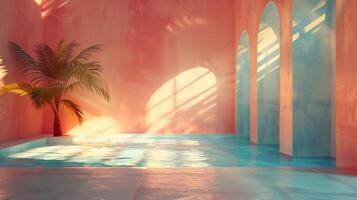 Stylish room with soft pastel walls shadows of palm trees cast across the surface sunlight streaming in creating an aesthetic modern display scene perfect for product placement photo