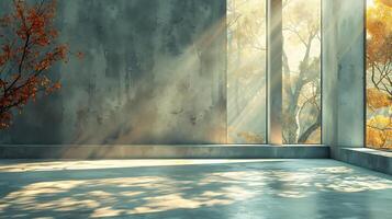 Stylish studio with sunlight streaming in casting shadows of trees across a textured concrete floor and pasteltoned walls creating a modern and aesthetic backdrop photo