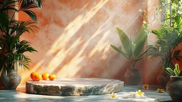 Summer backdrop with a soft peach wall shadows of tropical leaves cast on the surface and a stone pedestal in the foreground creating a calm and aesthetic product scene photo