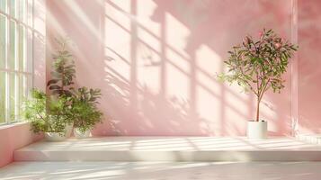 Summer room with sunlight streaming in from large windows shadows of trees on a pastel wall and neutral platform creating a calm aesthetic for modern product photography photo