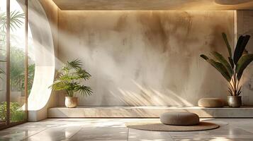 Summer interior with a concrete wall and floor neutralcolored background with sunlight casting aesthetic shadows through a window onto a minimalist dais for product placement photo