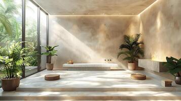Stylish luxury space with light streaming through large windows onto a neutral dais creating a soft shadow of palm leaves beige walls and cement floors adding a modern aesthetic photo