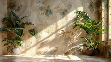Stylish luxury interior with textured beige walls shadows of tropical leaves cast across the surface sunlight streaming through windows creating a calm aesthetic scene for product photography photo