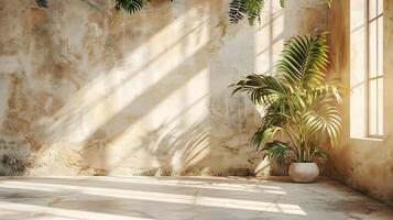Soft pasteltoned backdrop with sunlight filtering through a window shadows of palm leaves on a neutral concrete floor and beige walls creating a peaceful aesthetic photo