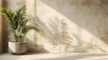 Soft beige wall with subtle shadows from palm leaves cast against it minimal design with a concrete pedestal and neutral background perfect for product placement in a summer interior photo