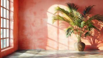 Pastel peach wall with subtle textures and shadows of palm trees cast across the surface light streaming through windows creating a trendy and clean aesthetic scene photo