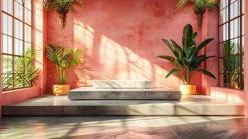 Pastel peach room with sunlight streaming in through large windows illuminating a concrete dais and tropical plants a peaceful space ideal for aesthetic display or product photography photo