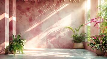 Pasteltoned interior with light streaming in from windows shadows of tropical plants on a cement floor neutral dais creating a modern and clean aesthetic backdrop photo