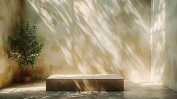 Neutral room with textured pasteltoned walls sunlight streaming in casting shadows of trees across the surface a beige pedestal creating a calm and clean aesthetic photo