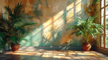 Neutral room with textured pastel walls shadows of tropical plants falling across the surface natural light streaming in creating a calm and peaceful aesthetic backdrop photo