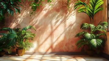 Neutral background with shadows of plants falling across a light peach wall subtle textures and sunlight creating a clean and peaceful modern aesthetic scene photo