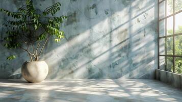 Neutraltoned room with sunlight filtering through a window casting shadows of trees onto a smooth cement floor pastel walls creating a clean aesthetic backdrop for product display photo