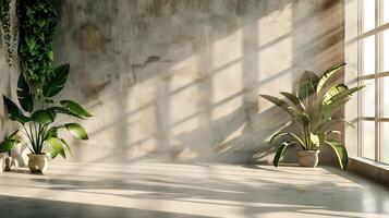 Neutral background with natural light streaming onto a concrete stage textured walls with shadows from large indoor plants a perfect aesthetic scene for product placement or branding photo