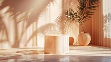 Modern pasteltoned room with a smooth peach background sunlight streaming in casting leaf shadows onto a neutral pedestal creating a perfect summer product photography scene photo