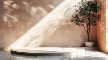 Minimalist studio with a light peach wall soft sunlight streaming in casting shadows of trees across a smooth stone floor neutral platform creating a perfect aesthetic product display photo